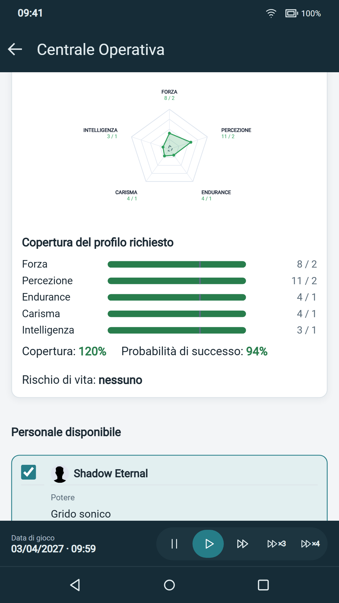 HERO INC.: scelta della squadra confrontando le capacità con i requisiti della missione.